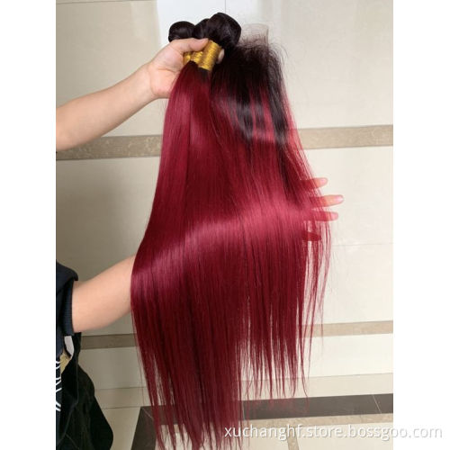 Dark Wine Colour 99J Straight Human Hair Weave Bundles With Lace Closure 1b/99J Virgin Hair Colored Bundles With Lace Frontal